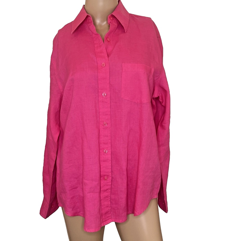 K Rogers Women's Linen Top Sz Petite Medium Pink Button Up Roll Tab Long Sleeve